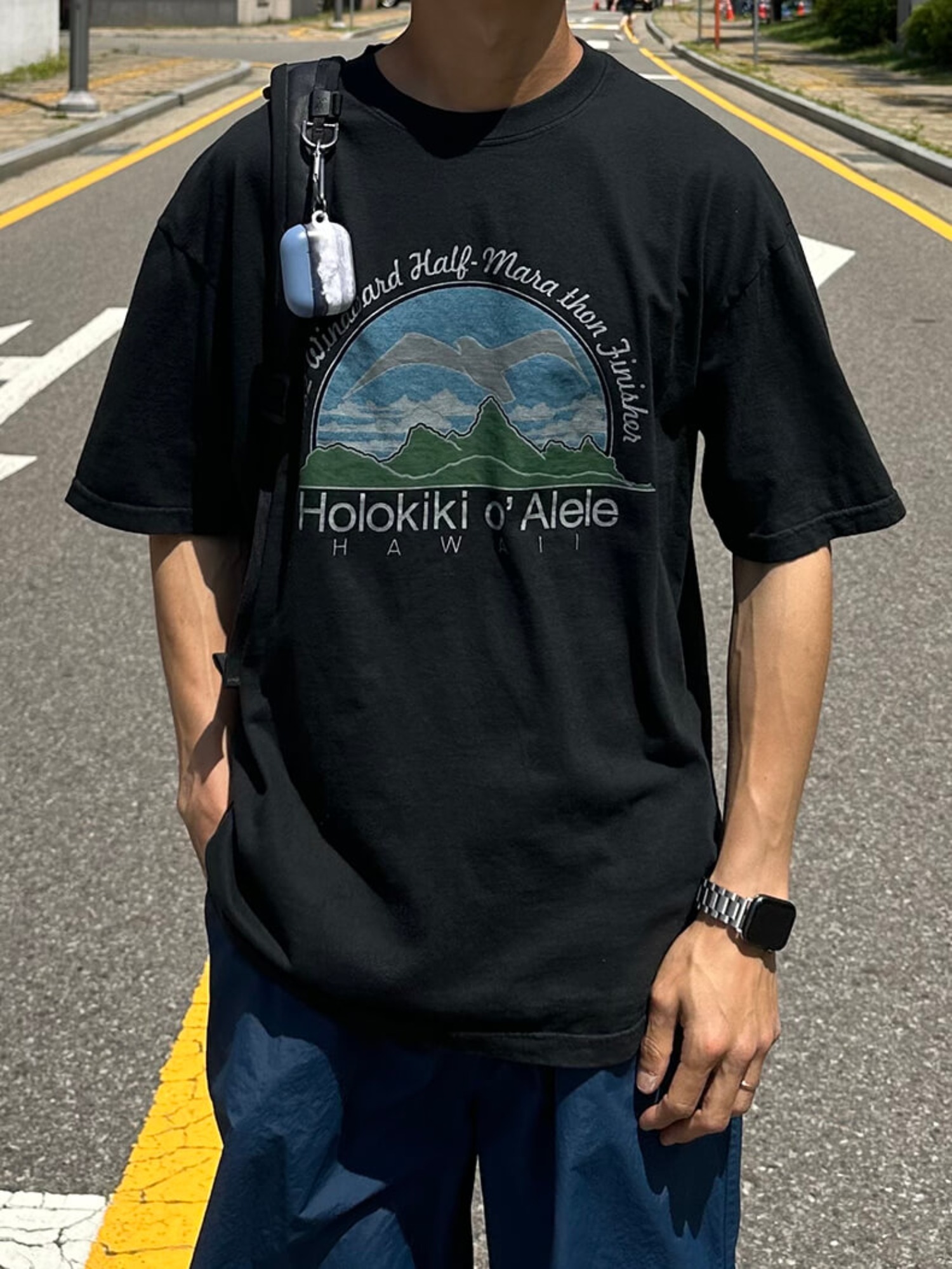 피그먼트 센스 홀로키키 블랙 하프 티셔츠